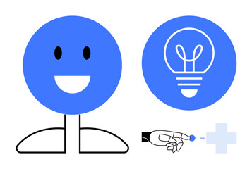 Smiling human icon, lightbulb representing an idea, robotic hand placing element in healthcare symbol. Ideal for innovation, technology, healthcare, AI, creativity, ideas simple landing page