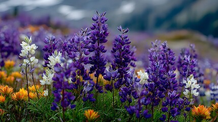 Wildflowers bloom with a vibrant blend of purple, white, and yellow hues in a mountain meadow landscape.