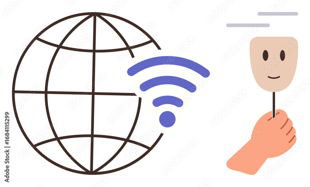 Poster globe with wireless signal symbolizing internet access and human hand holding a face mask representi