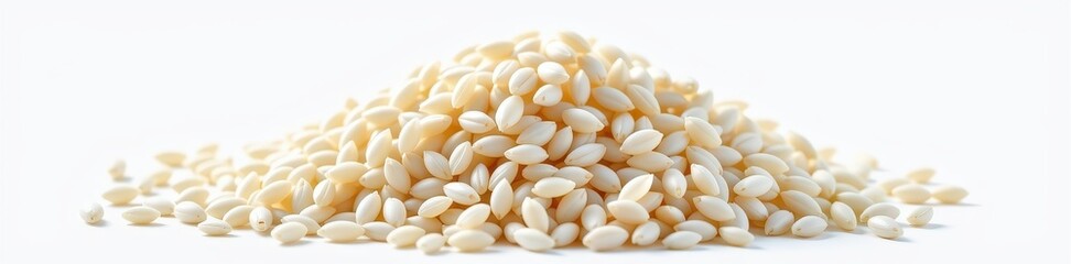 Fluffy white rice piled high on a clean white background, showcasing its texture and delicate grains, isolated, white background, rice