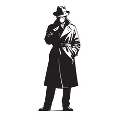 Silhouette of a detective in a trench coat and fedora holding a magnifying glass vector