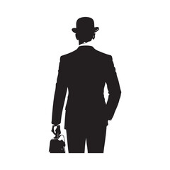 Black silhouette of a man in a bowler hat and suit holding a briefcase male person