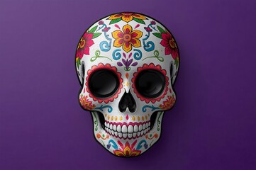 Decorated skull, purple background, Day of the Dead, festive design, holiday graphic