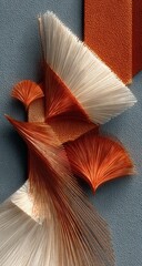 Abstract close-up of intricate, textured forms in shades of orange and cream, arranged on a muted gray surface