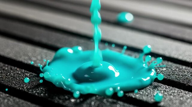 Macro footage capturing polyurethane resin droplets sprayed onto track substrate highlighting material properties and coating adhesion process.