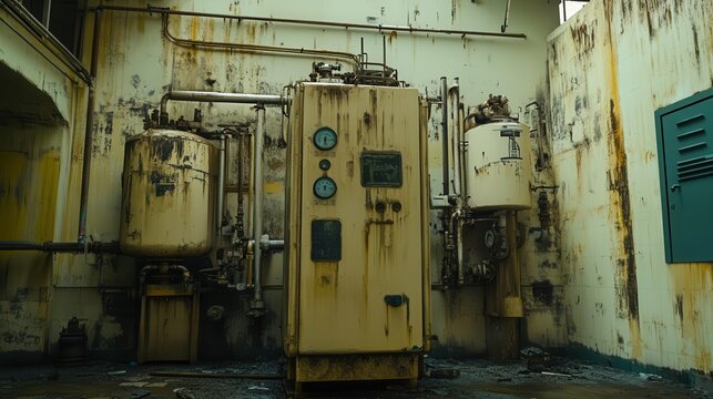 Explore Abandoned Facility with Rusty Machinery and Industrial Decay Concept