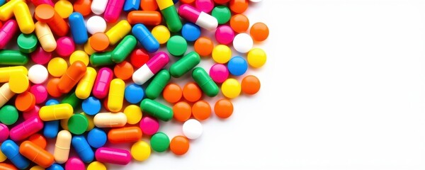 Obraz premium A vibrant pile of colorful pills isolated on a white background, wellness, supplements
