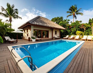 Fototapeta premium A luxury villa with a private pool surrounded by palm trees and sun loungers under a bright, partly cloudy sky.