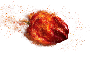 A fiery chili pepper explodes in a burst of sparks