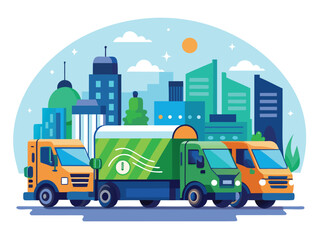 Futuristic automated delivery trucks navigate a modern cityscape for efficient logistics