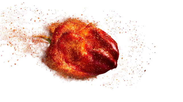 A fiery chili pepper explodes in a burst of sparks