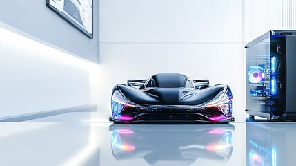 Futuristic race car positioned next to a computer case.