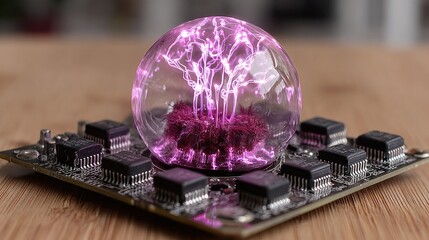 Glass sphere with vibrant pink plasma, atop a circuit board