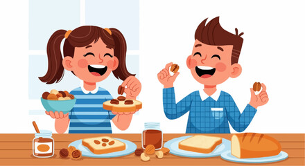 National date nut bread day september 8  happy kids making nut butter sandwiches vector illustration for healthy eating and nutrition education design vector