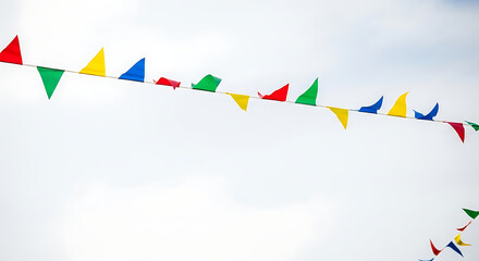 Obraz premium Colorful triangular pennant flags strung on a line, hanging against a bright, slightly cloudy sky.