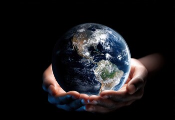 Earth globe is held by two hands on a black background, symbolizing environmental protection and global responsibility