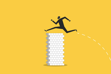 Businessman jump on cross over brick wall. concept of Overcome obstacle, solving business problem, and solution for path