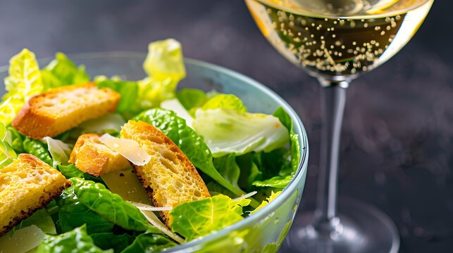 Crisp caesar salad with a refreshing glass of white wine