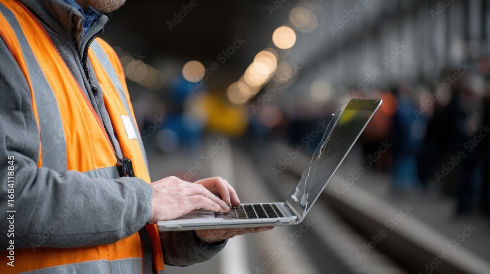 Poster medium shot capturing a supervisor using a laptop to coordinate transport routes with indistinct fig