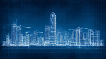 Architectural blueprint of a futuristic city skyline, urban planning, engineering, construction development