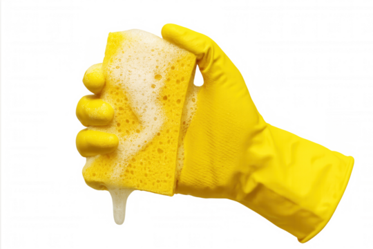Hand with yellow glove is squeezing a soapy cleaning sponge with dripping foam on a transparent background