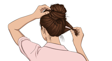 Woman doing hair bun. Young woman styling her hair in a bun at home  