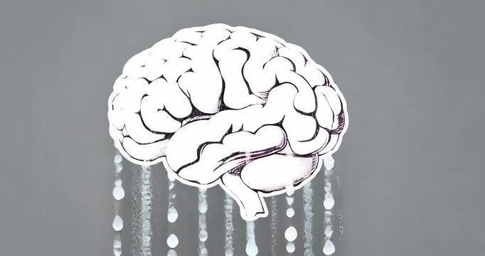 Brain graphic fading and paint dripping at one second on gray backdrop transforming to monochrome