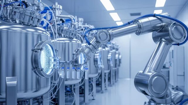 Automated robotic arm transferring culture samples from monoclonal antibody bioreactor tanks within aseptic processing environment.