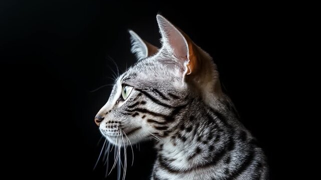 Silver Bengal Cat Profile Close-up on Black Background