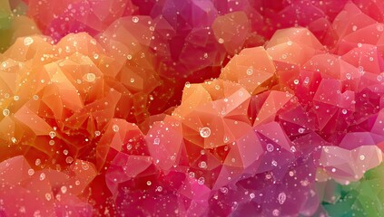 Abstract geometric shapes, vibrant colors, crystalline texture, water droplets