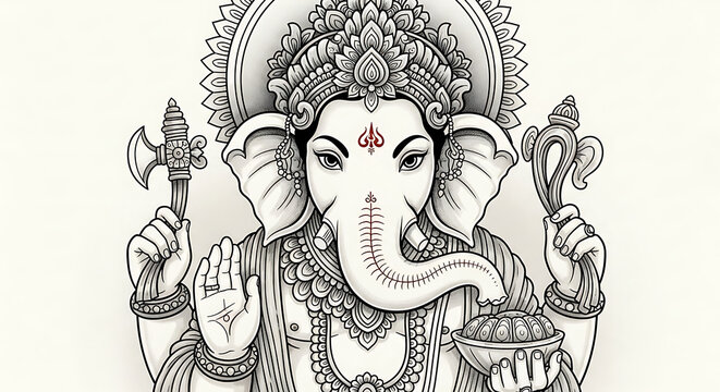 A detailed black and white line drawing of the Hindu deity Lord Ganesha holding his symbolic attributes. - Powered by Adobe