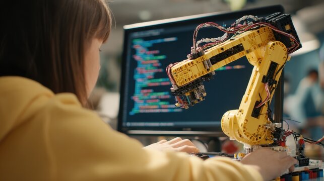 Medium shot capturing a girl programming a robot arm showcasing female involvement and innovation in coding and robotics education.