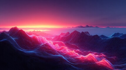 Digital mountain range at vibrant sunset.  Abstract landscape with glowing,  pink and blue lines,  forming  mountainous terrain.  Sunrise or sunset light.  Misty horizon