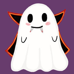 Obraz premium Cute funny spooky chibi halloween dracoola ghost devil with fang and red bloods. Kids nursery children illustration icon clipart sticker
