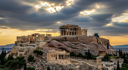 Fototapeta premium The ancient Acropolis of Athens, with the Parthenon temple, under a dramatic and cloudy sunset sky.