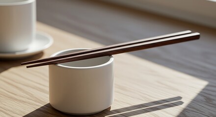 Wooden chopsticks resting on ceramic holder