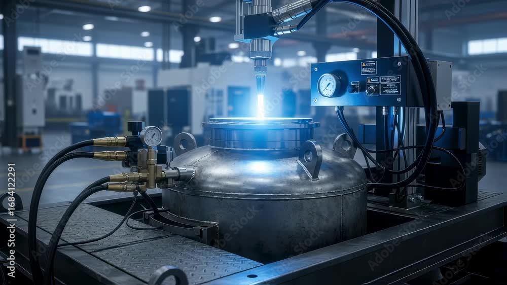 Poster detailed view of plasma arc torch and reactor vessel on a skid platform within a spacious manufactur