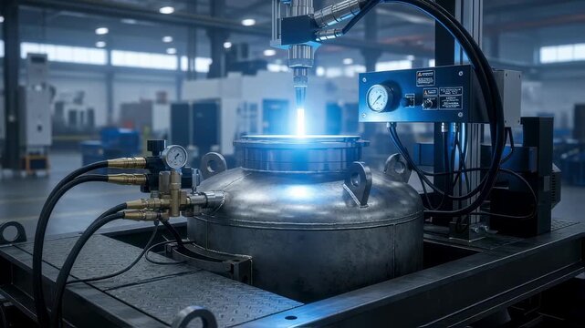 Detailed view of plasma arc torch and reactor vessel on a skid platform within a spacious manufacturing factory environment.