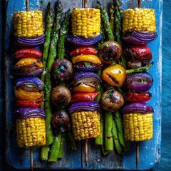 Fototapeta premium Colorful vegetable skewers on a rustic blue board