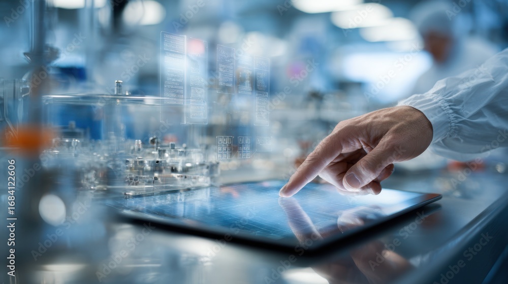Poster medium shot capturing the interaction between a tablet interface and a particle counting device hand