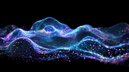 Abstract digital landscape of glowing particles.