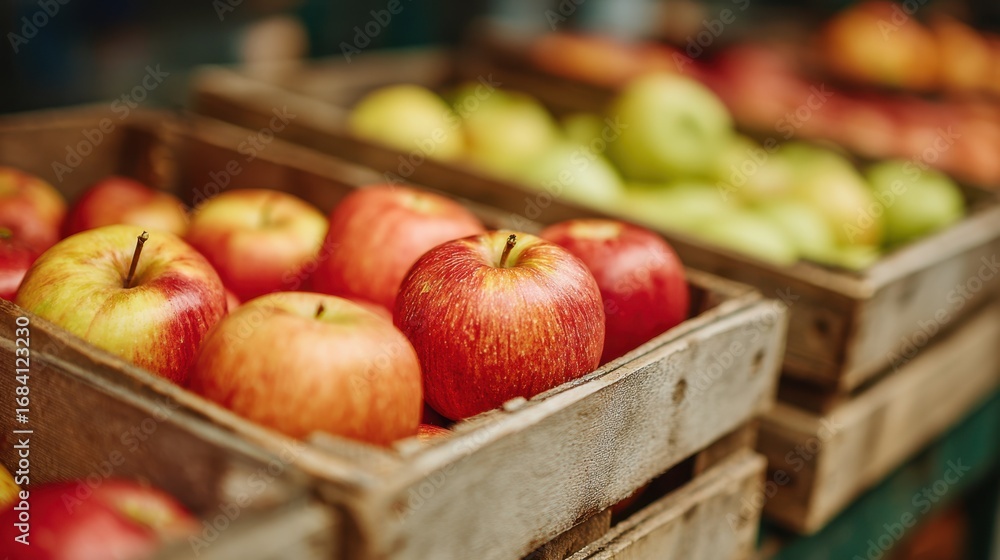 Poster medium shot of vibrant organic apples arranged in rustic wooden crates with soft background blur emp