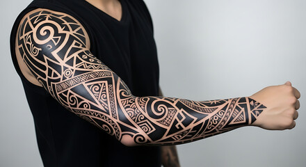 A man's muscular arm and shoulder covered in an intricate black ink Polynesian tribal full sleeve tattoo.