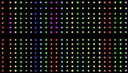 Colorful LED display with repeating patterns of glowing dots in various hues