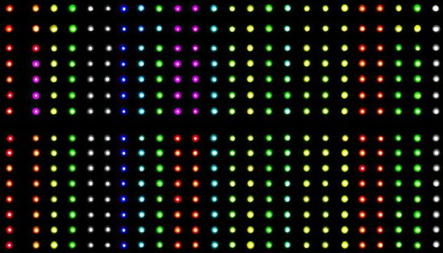 Colorful LED display with repeating patterns of glowing dots in various hues