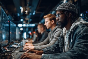 Focused Programmers Working on Computers in Modern Tech Environment