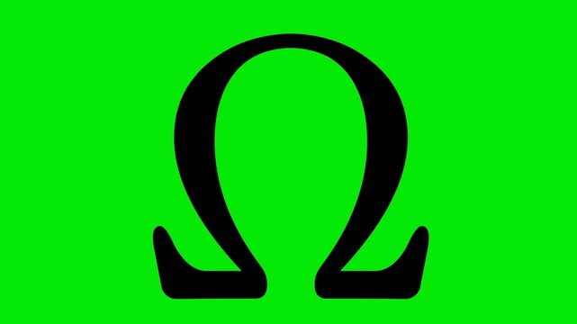 video animation drawing black silhouette omega symbol greek letter, on a green chroma key background