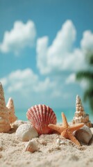 Obraz premium Seashells on a sandy beach, sunny day
