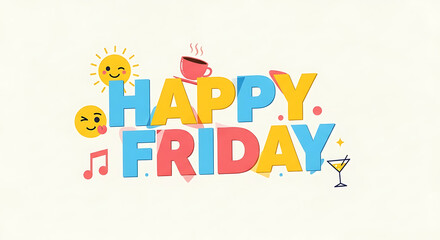 A cheerful 'Happy Friday' greeting with colorful 3D text and fun icons like a sun, coffee, and cocktail.