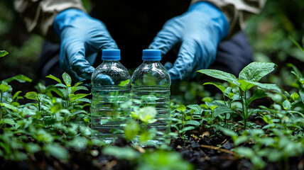Gloved Hands Placing Plastic Bottles Among Seedlings in Lush Greenery